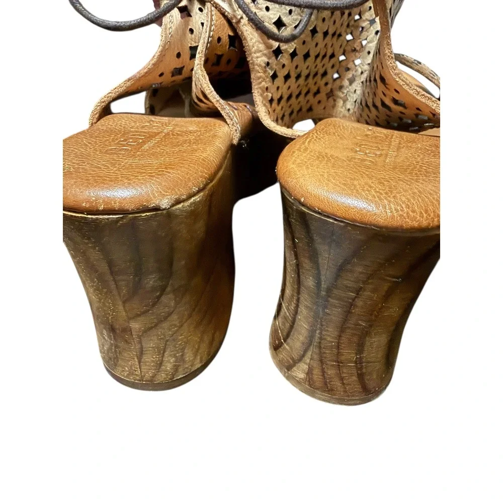 BED|STU Mali Cutout Leather Lace‎ Up Platform Wood Heel Sandals 6.5